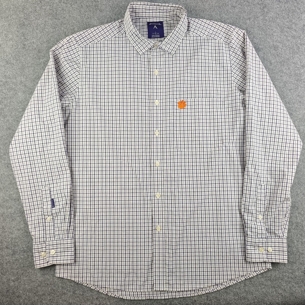 Clemson Tigers Shirt Mens Large Antigua Gray Purple Check Long Sleeve Button Up